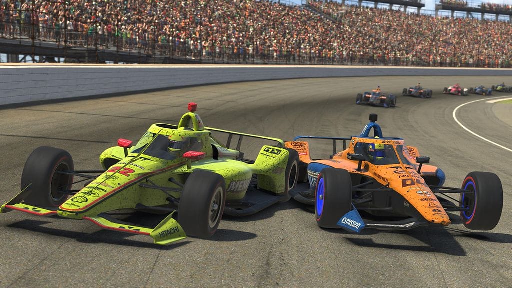 Simon Pagenaud (vas.) jarrutti tahallaan kisaa johtaneen Lando Norrisin edessä.