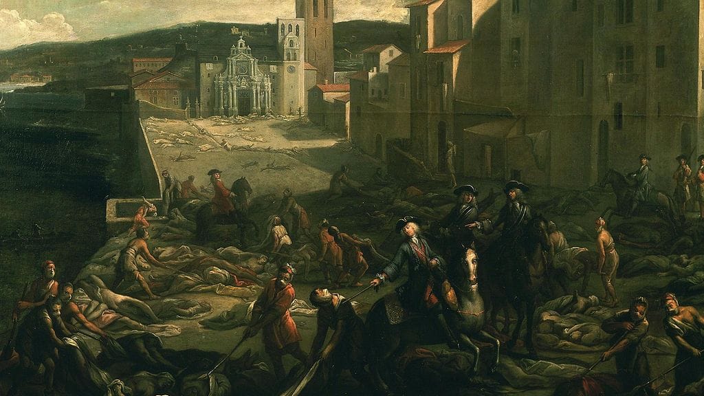 Michael Serren maalaus La peste à Marseille, joka kuvaa ruton kauheuksia Marseillessä, Ranskassa, vuonna 1721.