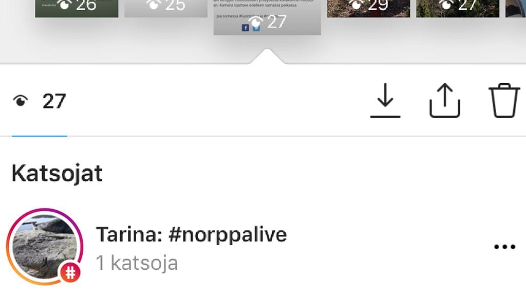 Storyn siirtyminen kokoomasivulle. Kuvakaappaus Instagramista