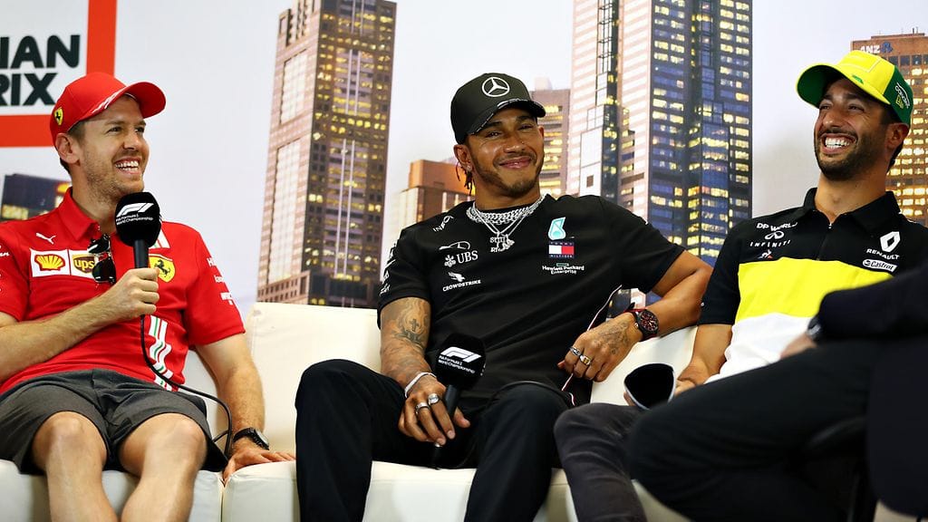 Sebastian Vettel, Lewis Hamilton ja Daniel Ricciardo.