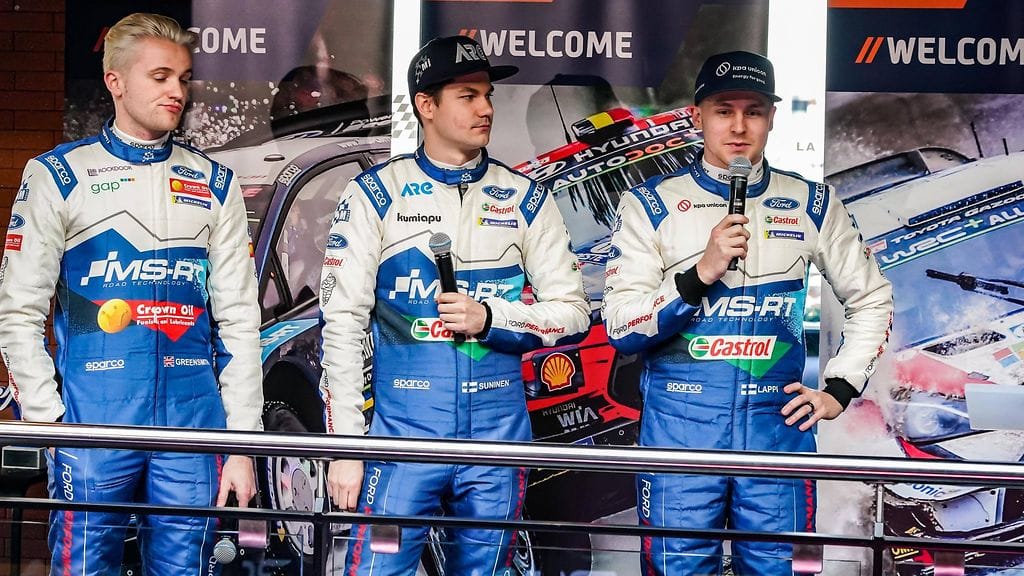 M-Sportilla ajavat Esapekka Lappi (oik.), Teemu Suninen ja Gus Greensmith.