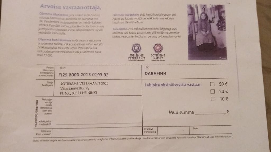 Veteraanivastuu-yhdistys julkaisi Facebookissa kuvan huijauskirjeestä. Kirjeessä yritetään kerätä lahjoituksia huijarien tilille.