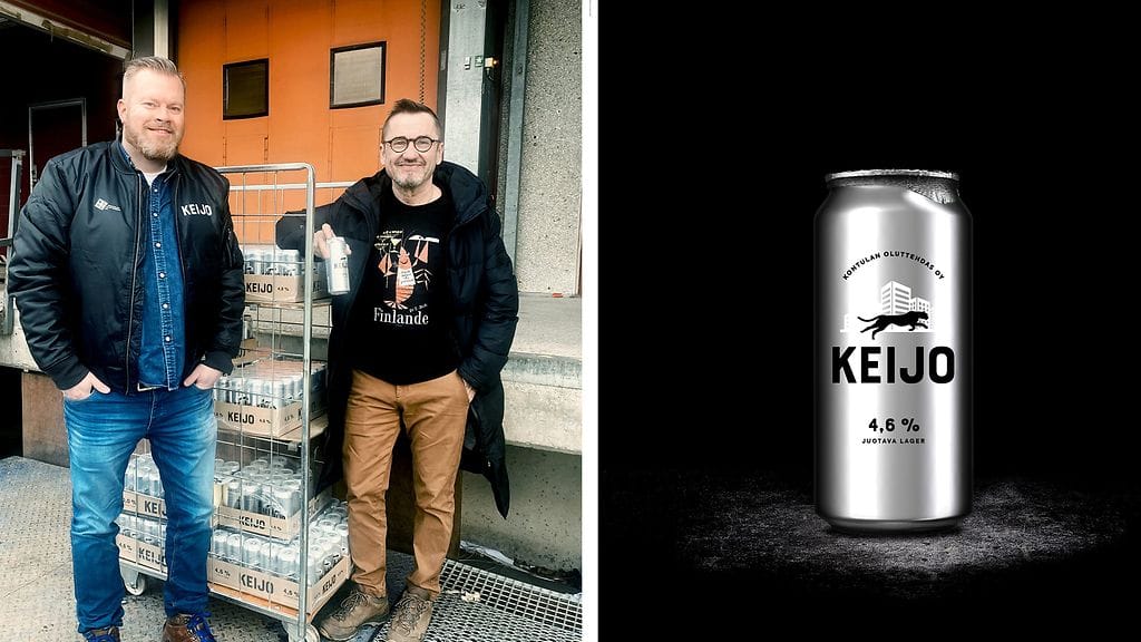 Kontulan Oluttehtaan Matti Pesonen ja Jukka Kurttila sekä Keijo-olutta.