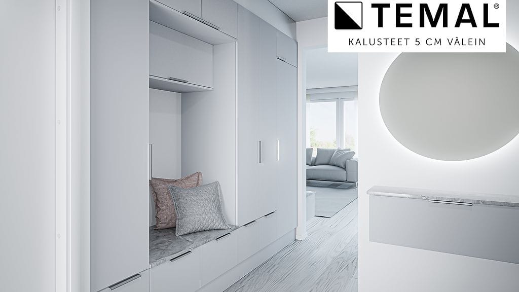 Eri syvyisistä kalusteista voi suunnitellla mieleisen kokonaisuuden kodin kaikkiin säilytysratkaisuihin