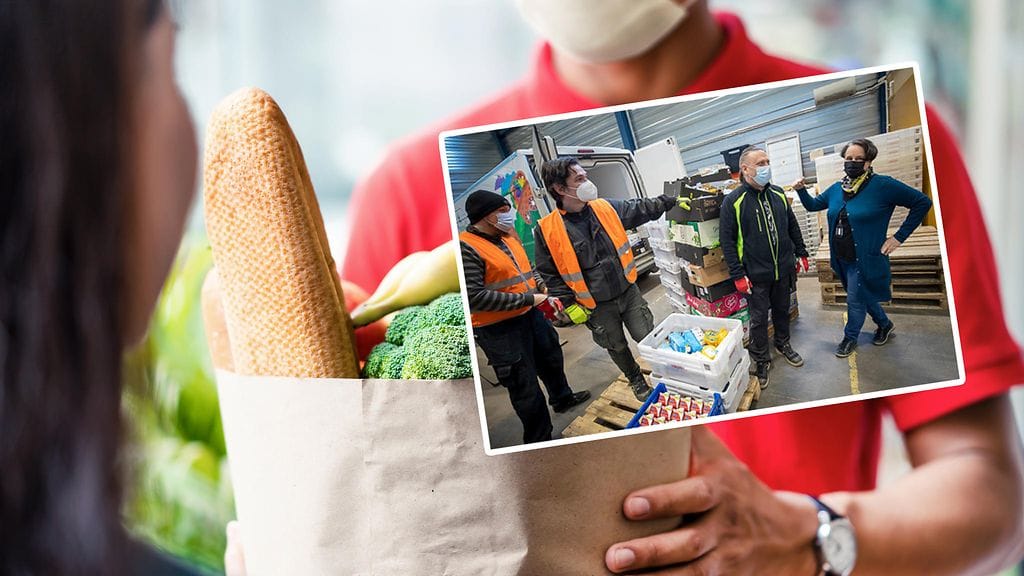 Elintarvikeavun koordinaattori Marja Palkonen (oik) yhdessä työntekijoiden kanssa Ruokapankin lastaustilassa Nekalassa. Työntekijät vas. Henri Härmälä, Grigori Razumovski ja Marko Järvinen.