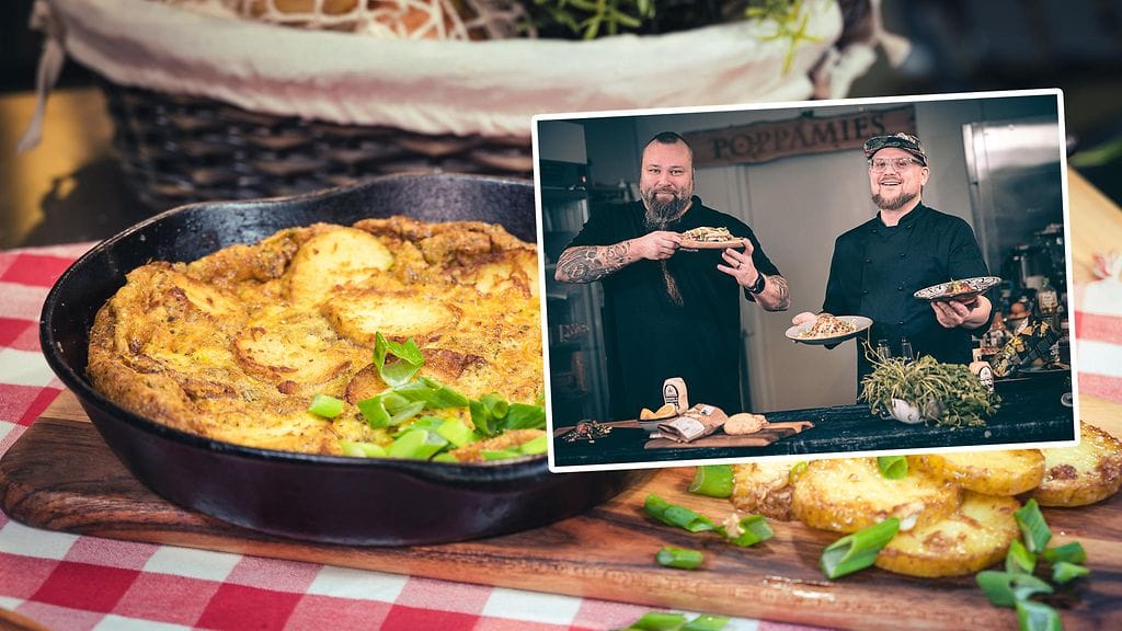 Kuvassa taustalla valkosipulimajoneesimunakas. Edessä oikealla kokki Santeri Vuosara ja vasemmalla Poppamiehen perustaja Marko Suksi.