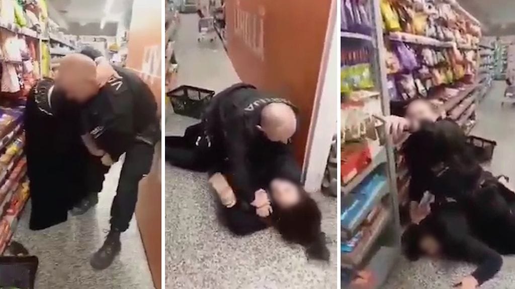 Vartijaa epäillään romaninaisen pahoinpitelystä espoolaismarketissa – välikohtauksesta leviää video somessa. Kuvakaappaukset videolta.