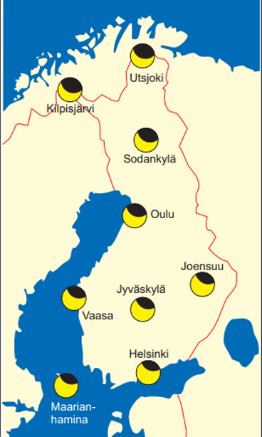 Näin auringonpimennys näkyy Suomessa 10.6.2021. Kuva: Ursa