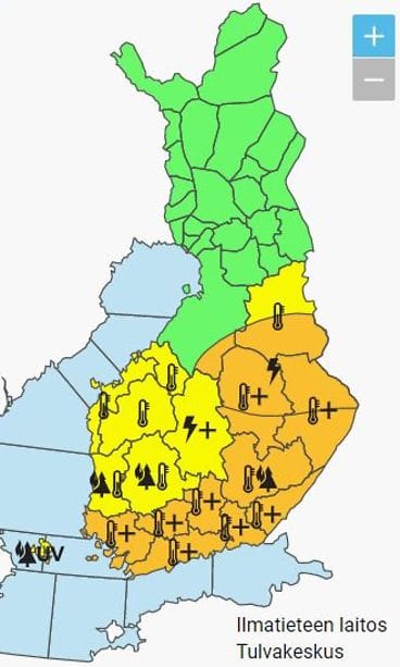 Kuvankaappaus Ilmatieteen laitoksen varoituskartasta 20.6.2021