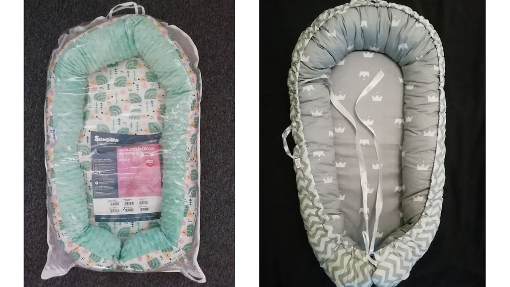Vasemmalla Hobby Hallin verkkokaupassa myynnissä ollut Sensillo Turkoosi siili -unipesä. Oikealla Ebay:n Baby Nest Crown Blue -unipesä. Tuotteet muodostavat tukehtumis- ja kuristumisvaaran.
