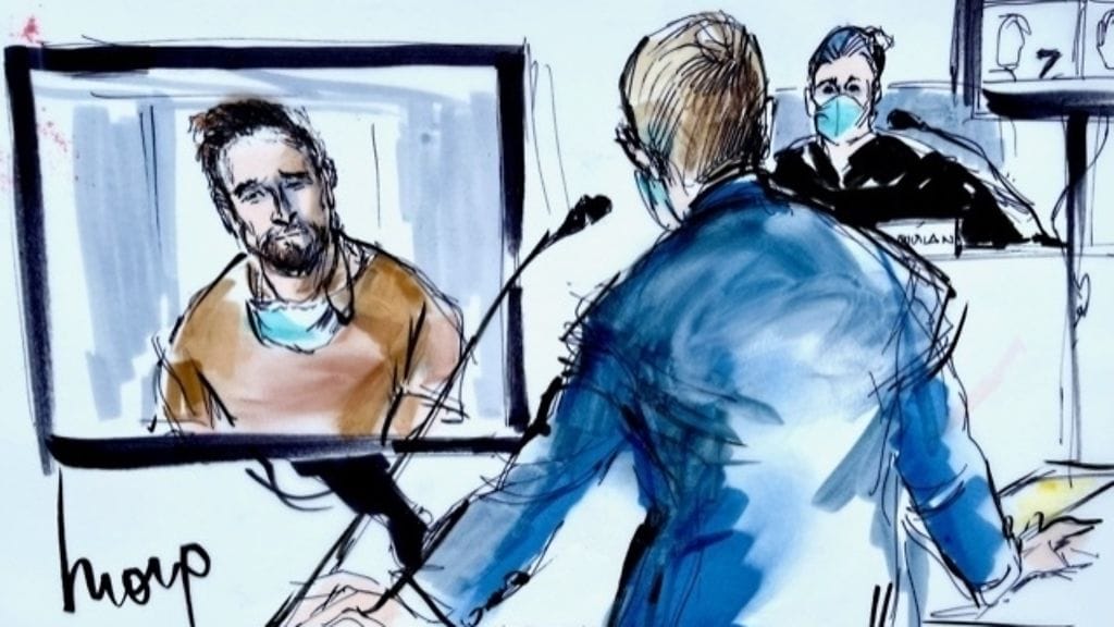 Taiteilijan näkemys lapsensa murhat tunnustaneesta Matthew Taylor Colemanista (vasemmalla) oikeudessa.