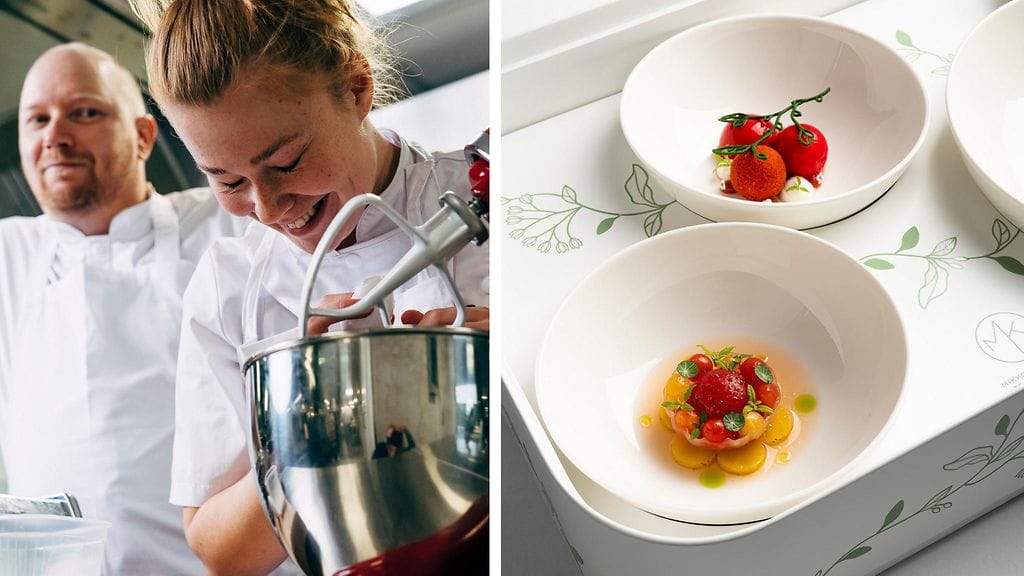 Suomen kilpailupari Bocuse d'Orissa 2021: Mikko Kaukonen ja Anni Peräkylä. Tehtävänä on valmistaa muun muassa take away -ruokaa. Kuva: Bocuse d'Or Academy Finland ry / Santeri Stenvall