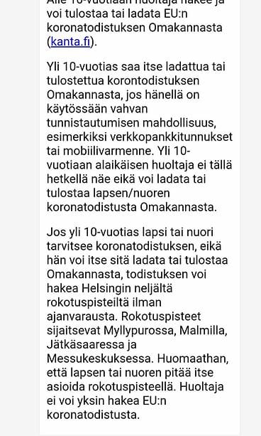 OMA Koronatodistusviesti Wilma kuvakaappaus