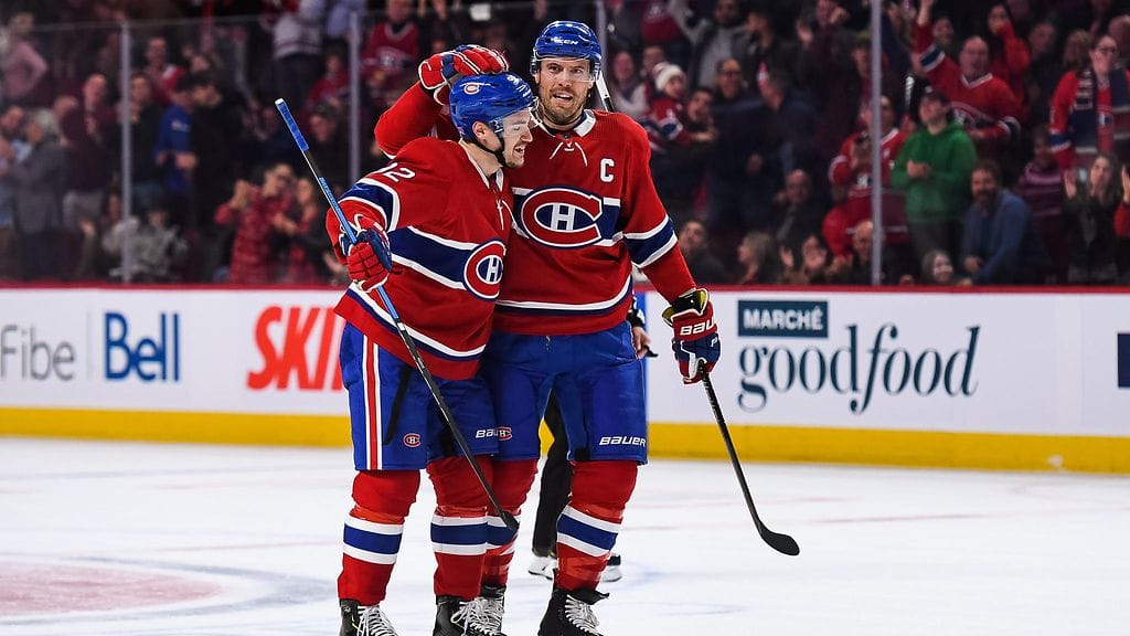 Shea Weber (oik.) ja Jonathan Drouin tuulettivat maalia marraskuussa 2019.