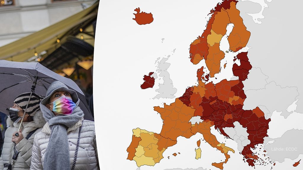 Euroopan tautienehkäisy- ja -valvontakeskus ECDC on julkaissut tänään uudet epidemiakartat matkustussuositusten pohjaksi. Tämän kuvan kartassa maat on väritetty ilmaantuvuuslukujen mukaan.