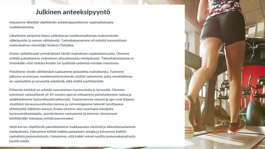 Fitfarm anteeksipyyntö kuvankaappaus