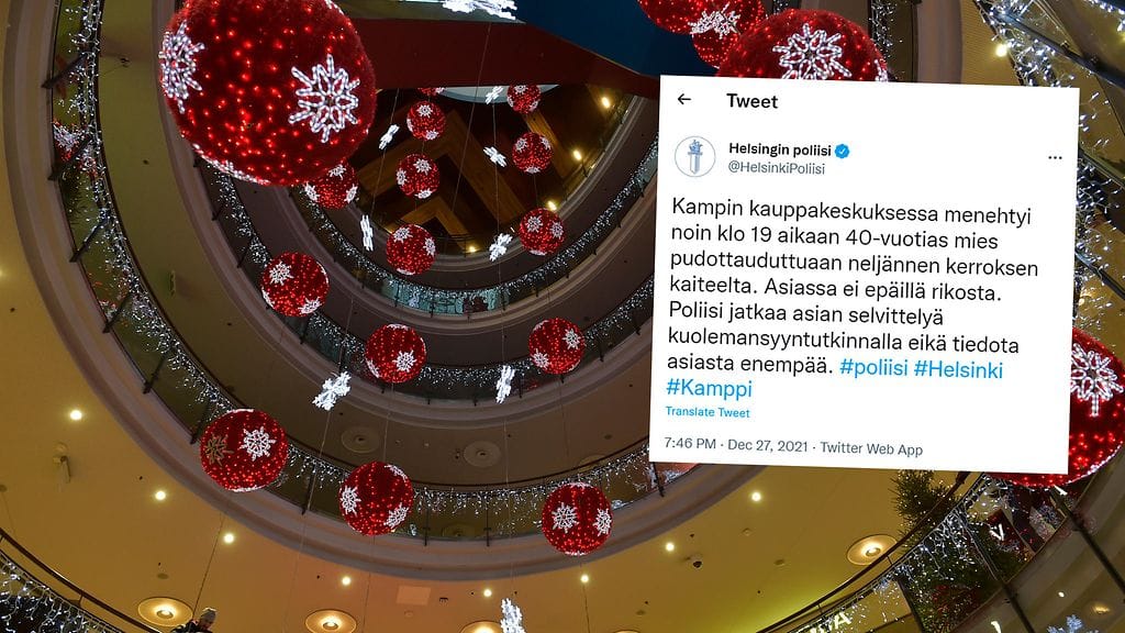 Mies putosi kauppakeskuksen neljännen kerroksen kaiteelta, kertoo poliisi.