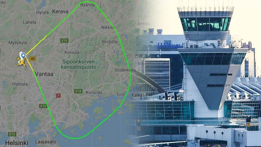 Flightradar-sivuston tutkakuvasta näkee, kuinka kone tekee kierroksen pääkaupunkiseudun ympärillä ja palaa takaisin lähtöruutuun.