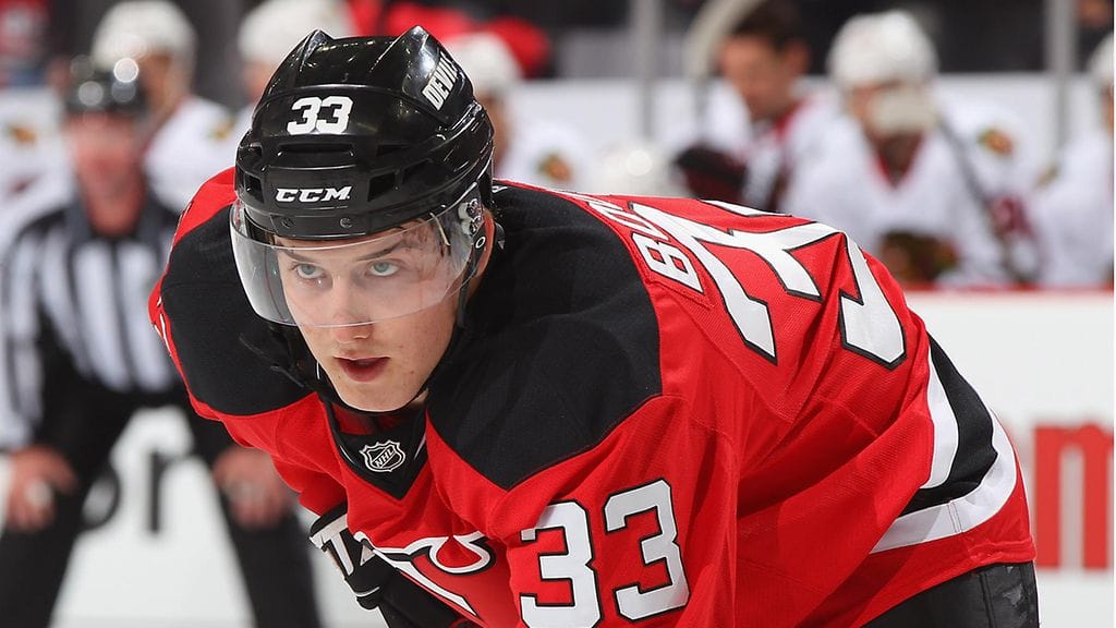 Reid Boucher kuvattuna NHL-seura New Jersey Devilsin riveissä vuonna 2014.