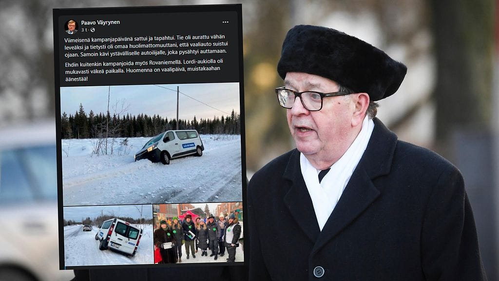 Konkaripoliitikko Paavo Väyrynen ajoi ojaan kampanjointipäivänsä päätteeksi.