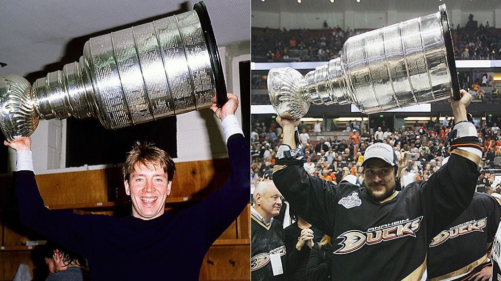 Stanley Cup -juhlintaa: Jari Kurri vuonna 1990 ja Teemu Selänne vuonna 2007.