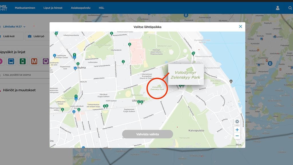 Venäjän suurlähetystö Helsingissä sai uuden nimen Ukrainan presidentin mukaan. Kuvakaappaus HSL:n Reittioppaasta.