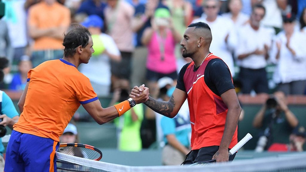 Rafael Nadale (vas.) ja Nick Kyrgios kävivät huiman taiston Indian Wellsin turnauksessa.