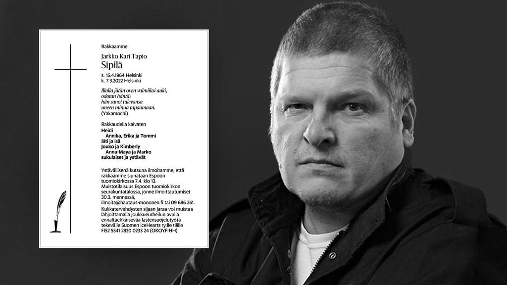 Jarkko Sipilän kuolinilmoitus julkaistiin Helsingin Sanomissa sunnuntaina. Sipilä kuoli 7. maaliskuuta. Hän työskenteli MTV Uutisissa 26 vuotta.