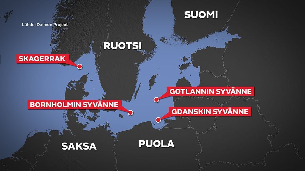 Kartta Itämerestä ja punaisella kemiallisten aseiden upotuspaikat.