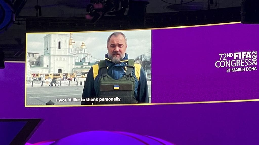 Ukrainan jalkapalloliiton puheenjohtaja Andri Pavelko esitti videotervehdyksensä Fifan kokoukseen.