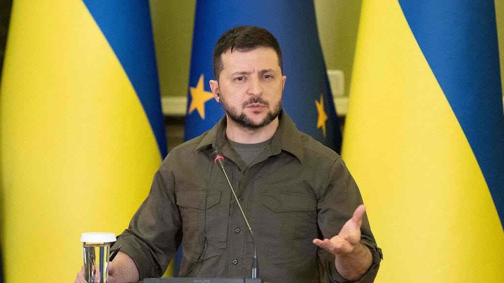 Ukrainan presidentti Volodymyr Zelenskyi EU:n johtajien vieraillessa Kiovassa huhtikuussa.