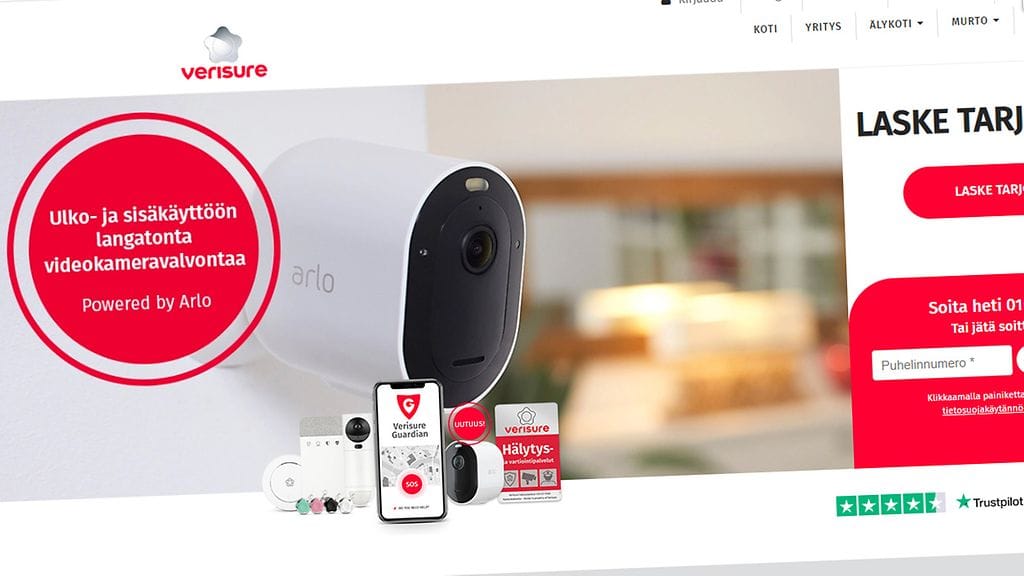 Ruotsin yksityisyydensuojavirasto aloittaa tutkinnan kodinturvayritys Verisuresta. Kuvassa yrityksen nettisivut.