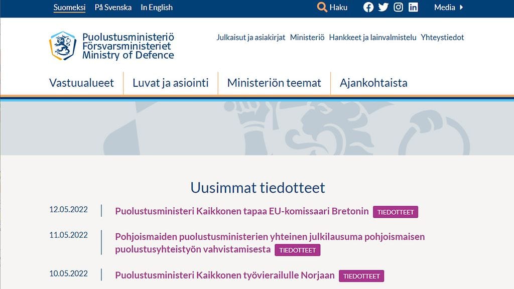 Puolustusministeriön nettisivut toimivat normaalisti sunnuntaina iltapäivällä.