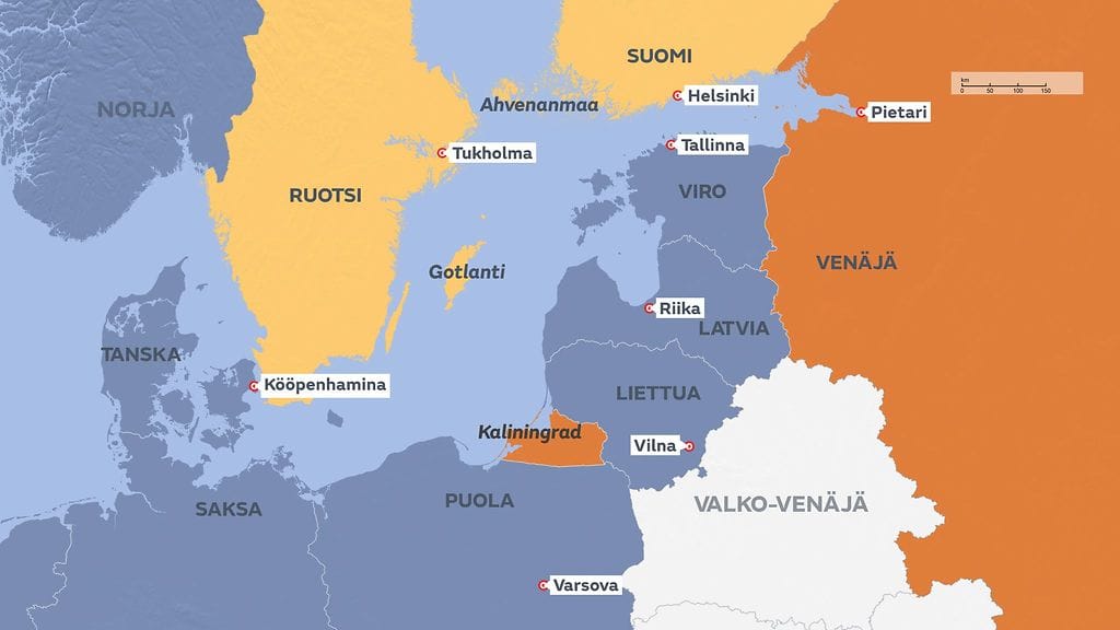 Karttakuva näyttää Naton jäsenmaat (harmaalla) Itämerellä.
