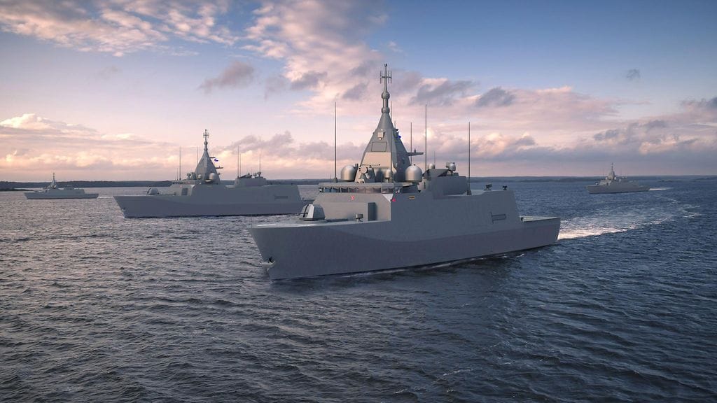 Puolustusvoimien havainnekuva Suomen merivoimien neljästä uudesta monitoimikorvetista. Sotalaivat rakentaa Rauma Marine Constructions ja alusten taistelujärjestelmän toimittaa ruotsalainen Saab.