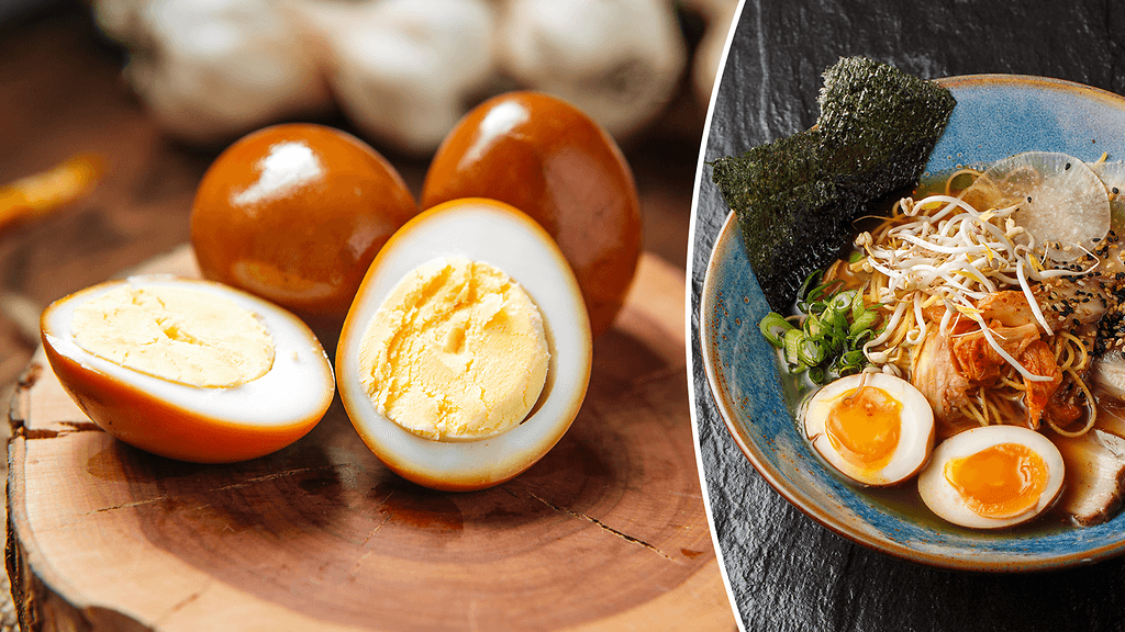 Soijamarinoidut kananmunat, eli soijamunat sopivat esimerkiksi ramen-keiton kanssa.