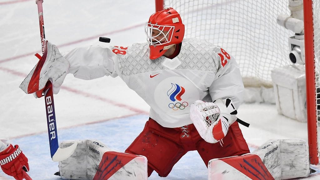 Ivan Fedotov torjui Venäjän maalilla Suomea vastaan Pekingin olympiafinaalissa.
