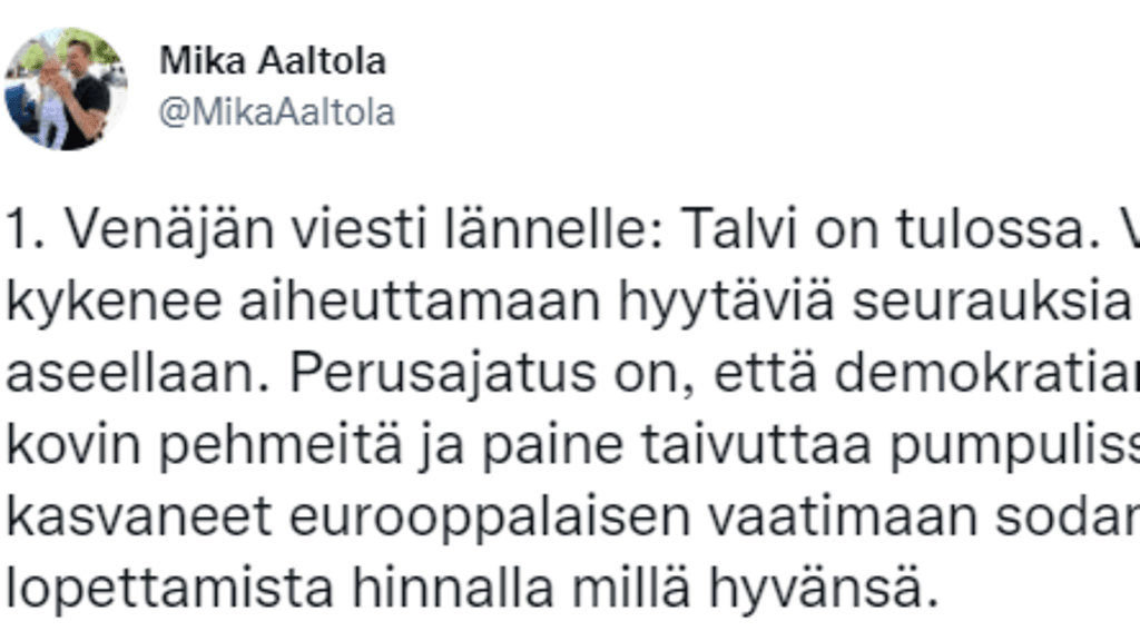 Mika Aaltola uskoo Euroopan kestävän tulevan talven Venäjää paremmin. Länsi ei ole niin ”pehmeä”, kuin Venäjä olettaa.