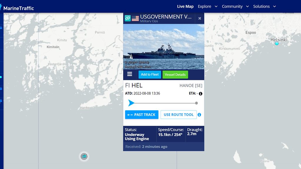 Valtava alus liikkuu lähiaikoina Suomen vesillä. Kuvakaappaus Marinetraffic.com-palvelusta.