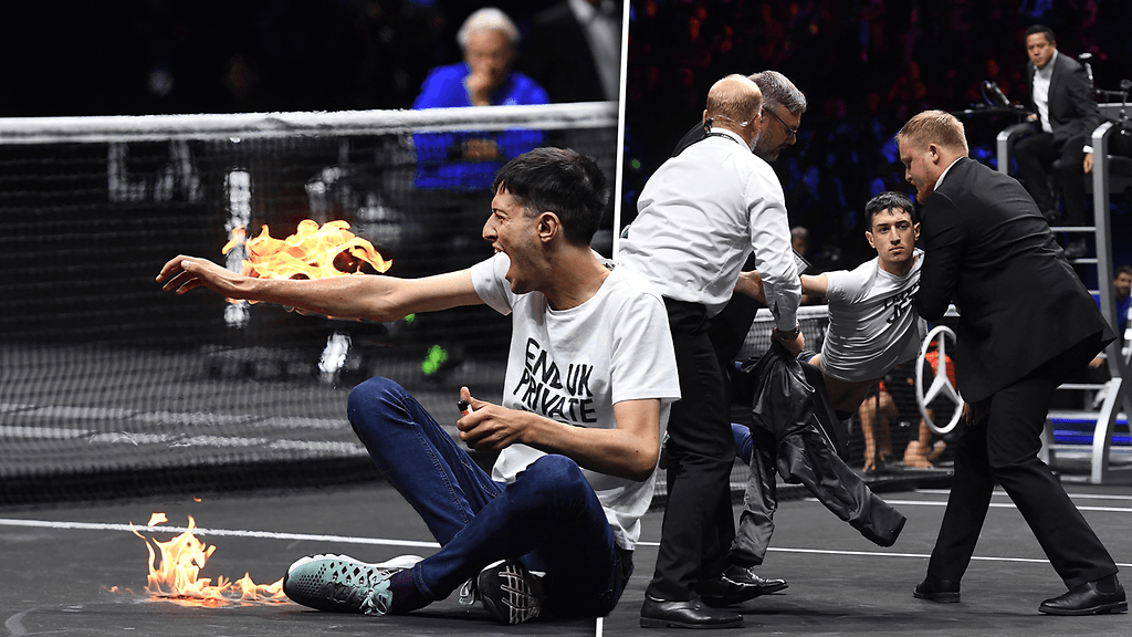 Mielenosoittaja sytytti itsensä tuleen kesken Laver Cupin huippuottelun.