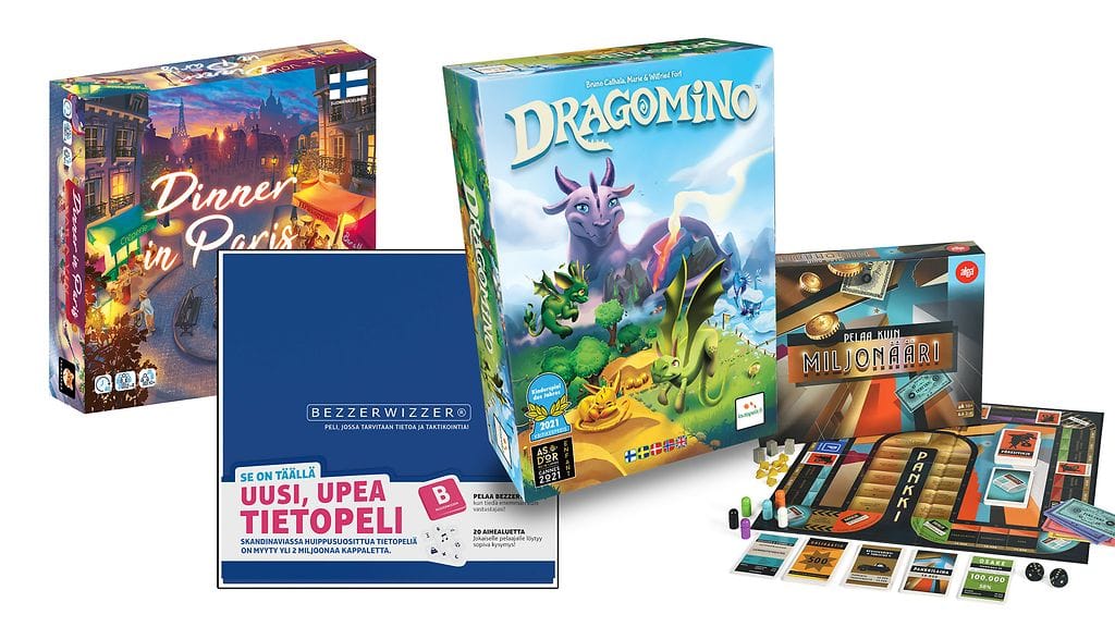 Vuoden pelit 2022: Dinner in Paris – Illallinen Pariisissa – Toyrock Oy, Bezzerwizzer – Enigma Distribution Finland Oy / Asmodee Nordics, Dragomino – Lautapelit.fi ja Pelaa kuin Miljonääri – BRIO Toy Oy / BRIO AB.