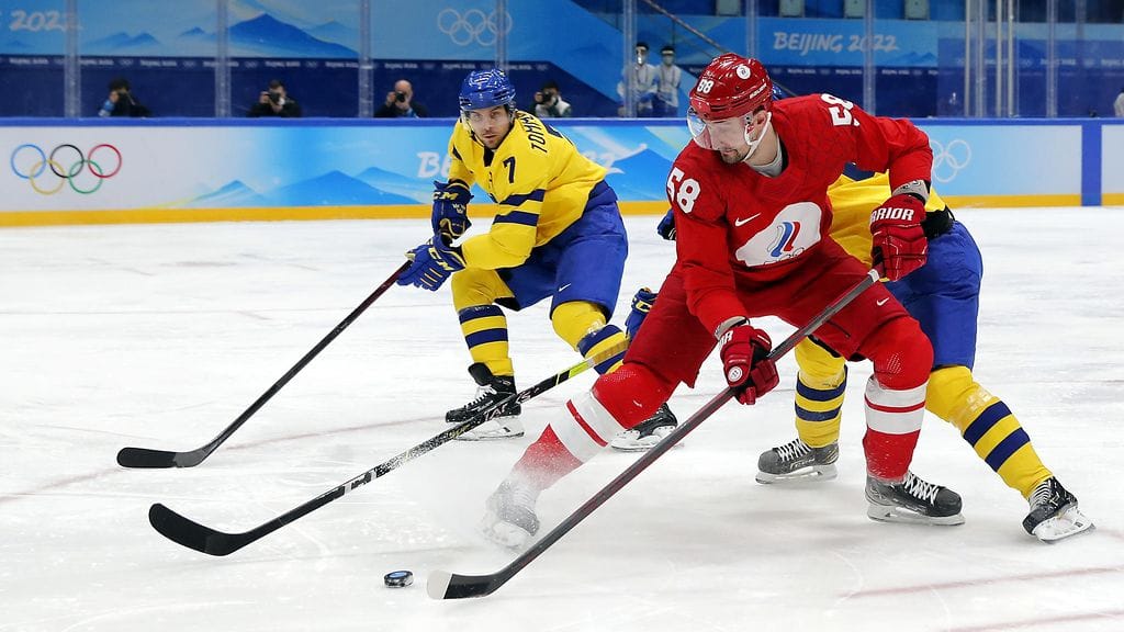 Kuva Ruotsin ja Venäjän olympiakomitean välisestä jääkiekko-ottelusta Pekingin olympialaisissa helmikuussa.