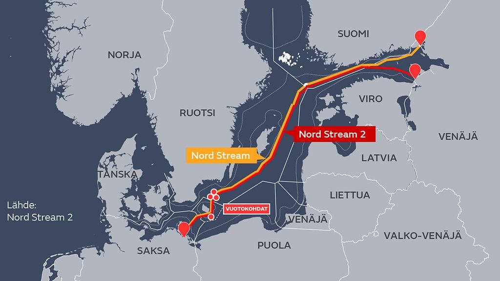 Kartassa näkyvät Nord Stream -kaasuputkien vuotopaikat. Kaasuputken suuri vuotopaikka on verrattain lähellä Bornholmin saarta ja Bornholmin syvänteessä sijaitsevaa kemiallisten aseiden pääupotuspaikkaa.