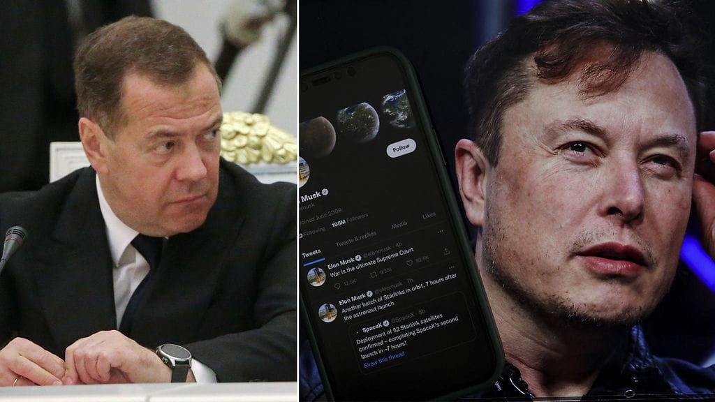 Venäjän entinen presidentti Medvedev (vasemmalla) ja miljardööri Musk kävivät erikoisen viestinvaihdon Twitterissä.