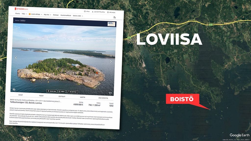 Noin 15 minuutin merimatkan päässä mantereelta sijaitseva saari tykötarpeineen maksaa etuovi.comin ilmoituksen mukaan 4 800 000 euroa.