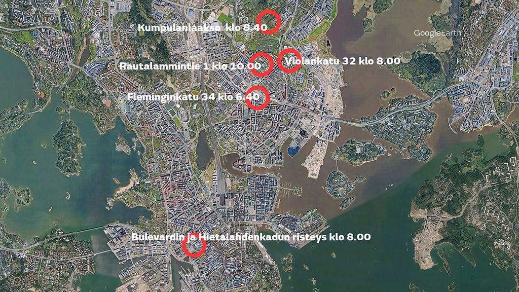 Karttakuva näyttää putkirikkojen sijainnit tapahtuma-aikoineen.