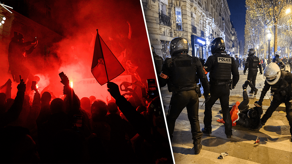 Marokkolaisfanit juhlivat railakkaasti MM-kisojen voittoa Pariisissa. Myös poliisi joutui puuttumaan marokkolaisfanien tekemisiin.