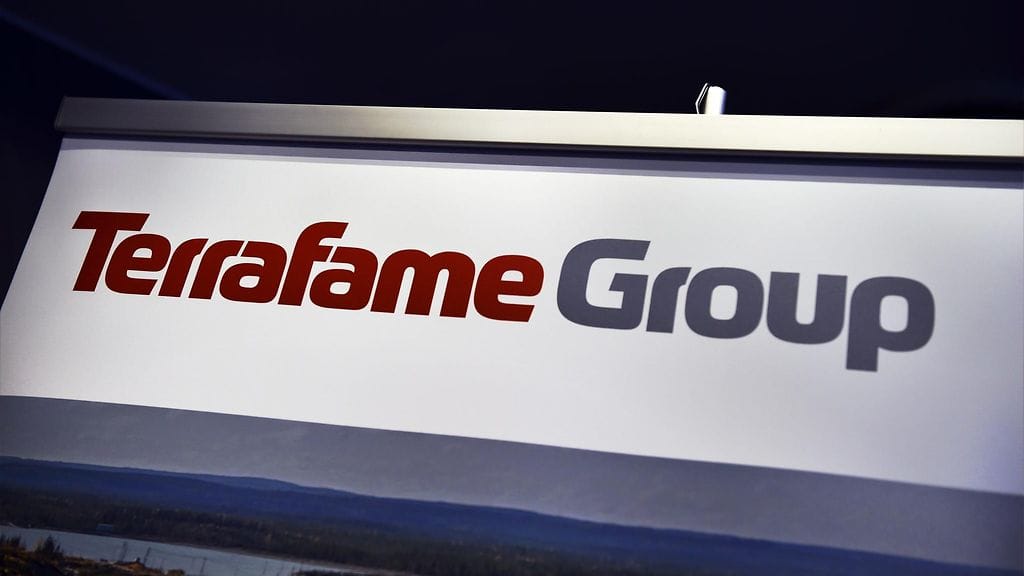 Terrafame Group Oy:n logo kaivosyhtiön tiedotustilaisuudessa Helsingissä 10. marraskuuta 2017.