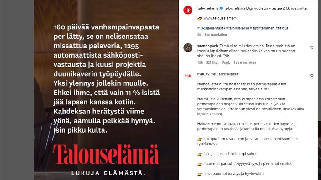 Kuvakaappaus Talouselämän Instagram-mainoksesta.