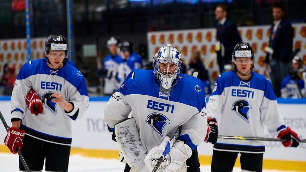 Kuvassa Viron jääkiekkomaajoukkuetta huhtikuussa 2022.